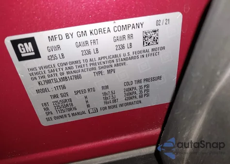 2021 Chevrolet Trailblazer Fwd Rs z USA, uszkodzony, nr VIN KL79MTSLXMB147860